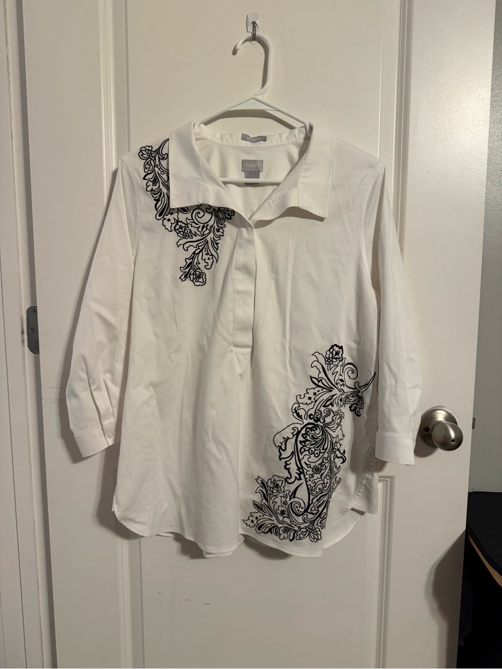 Chico's White Tunic Top with Black Scroll Print